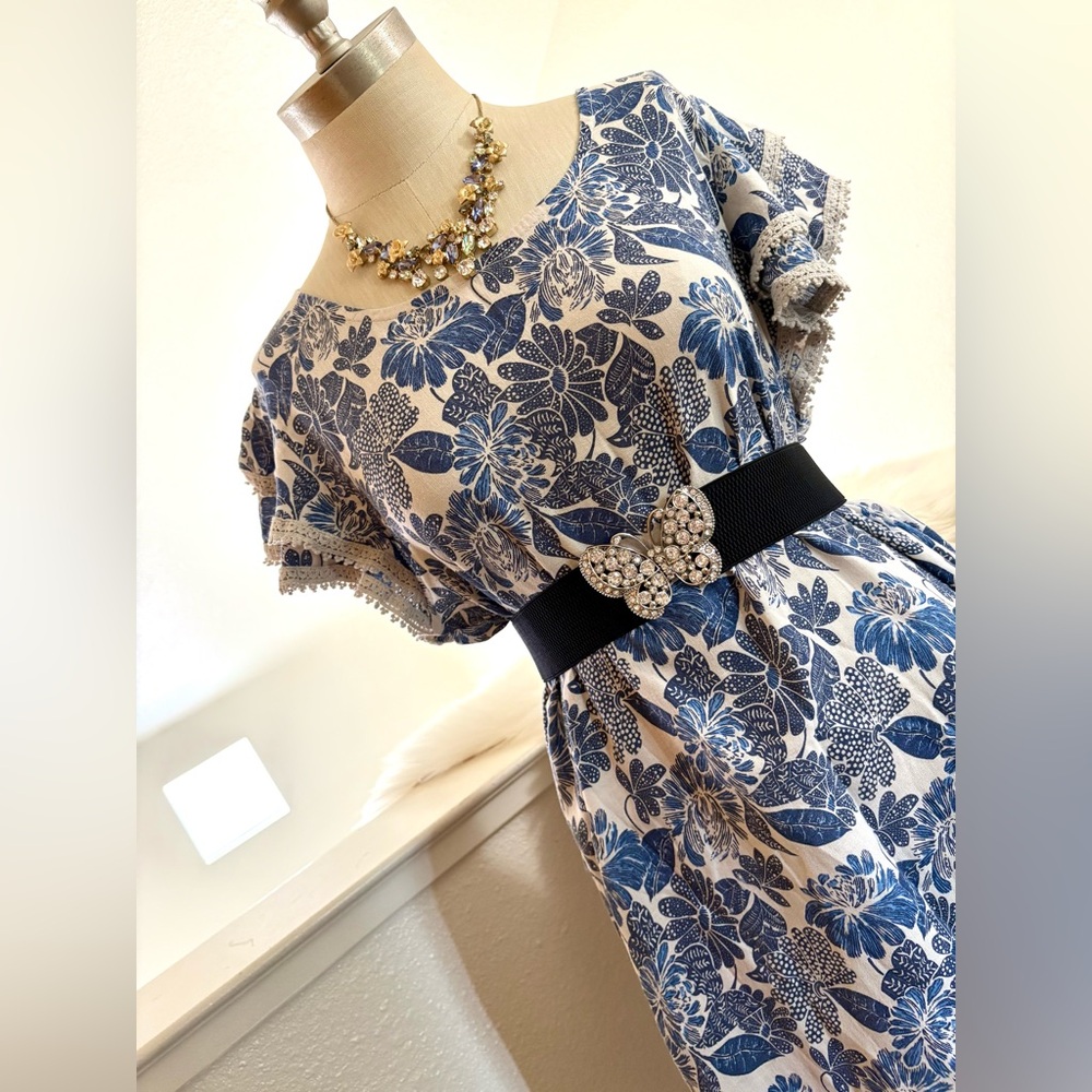 NWT L Floral Blue and White Linen Luisa Perla Italian Dress